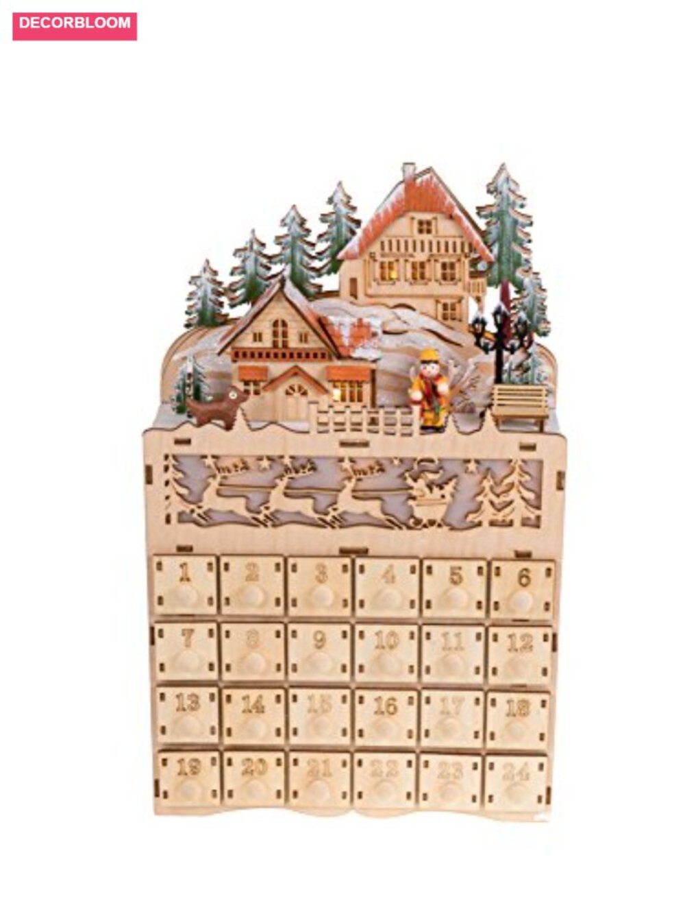 Wooden Christmas Advent Calendar 24 Drawers LED Reindeer Village Holiday Decor